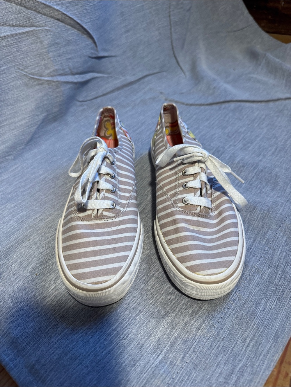 Keds Women's Taupe and White Striped Canvas Sneakers